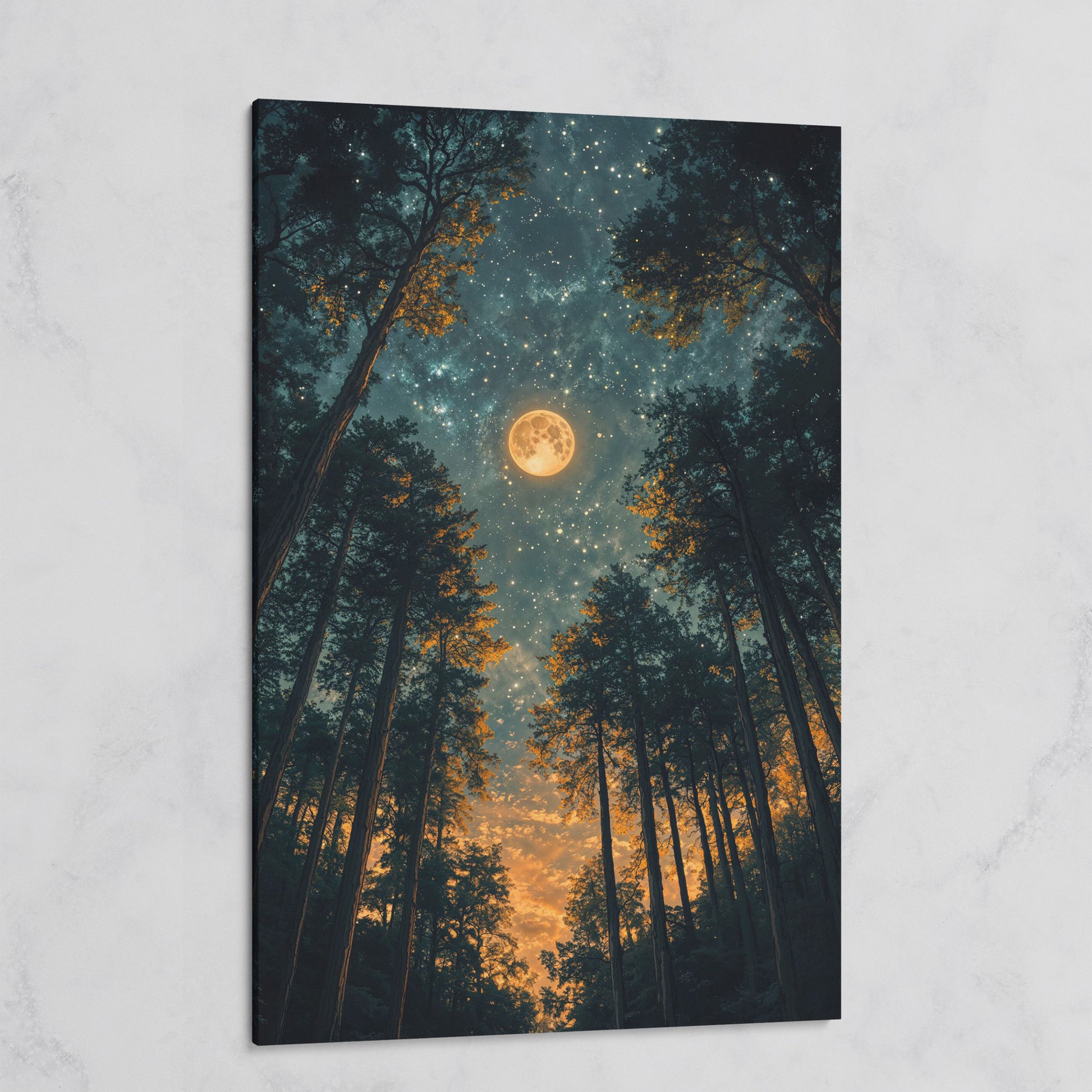 Moonlit Forest at Night: Full Moon and Stars Canvas on gallery wrap