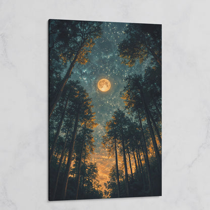 Moonlit Forest at Night: Full Moon and Stars Canvas on gallery wrap