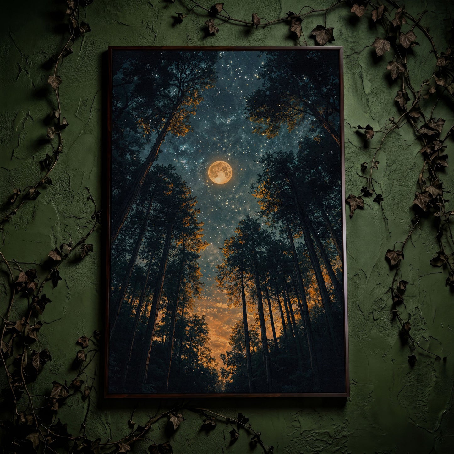 Moonlit Forest at Night: Full Moon and Stars Canvas in dark walnut floating frame