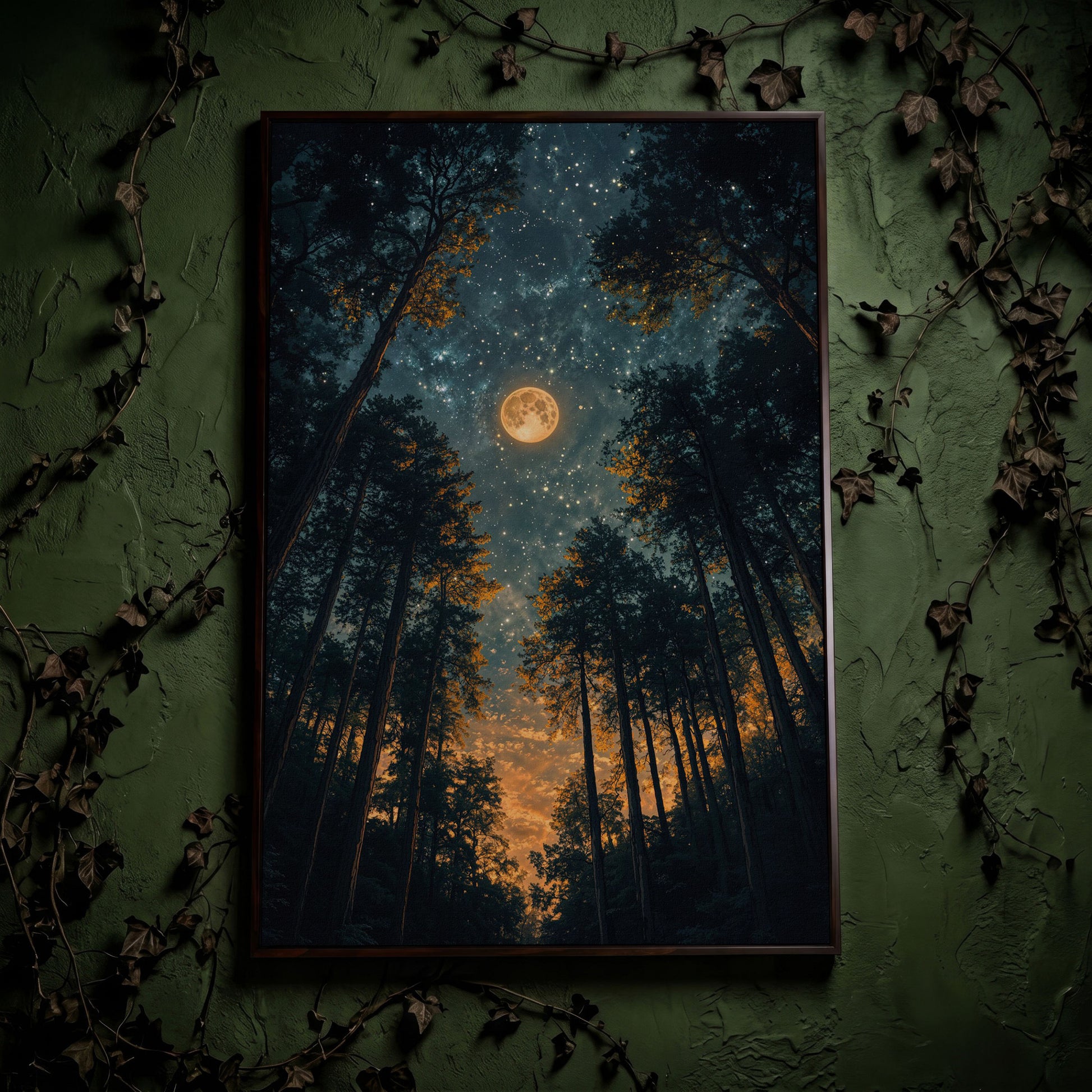 Moonlit Forest at Night: Full Moon and Stars Canvas in dark walnut floating frame