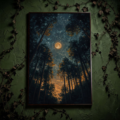 Moonlit Forest at Night: Full Moon and Stars Canvas in dark walnut floating frame