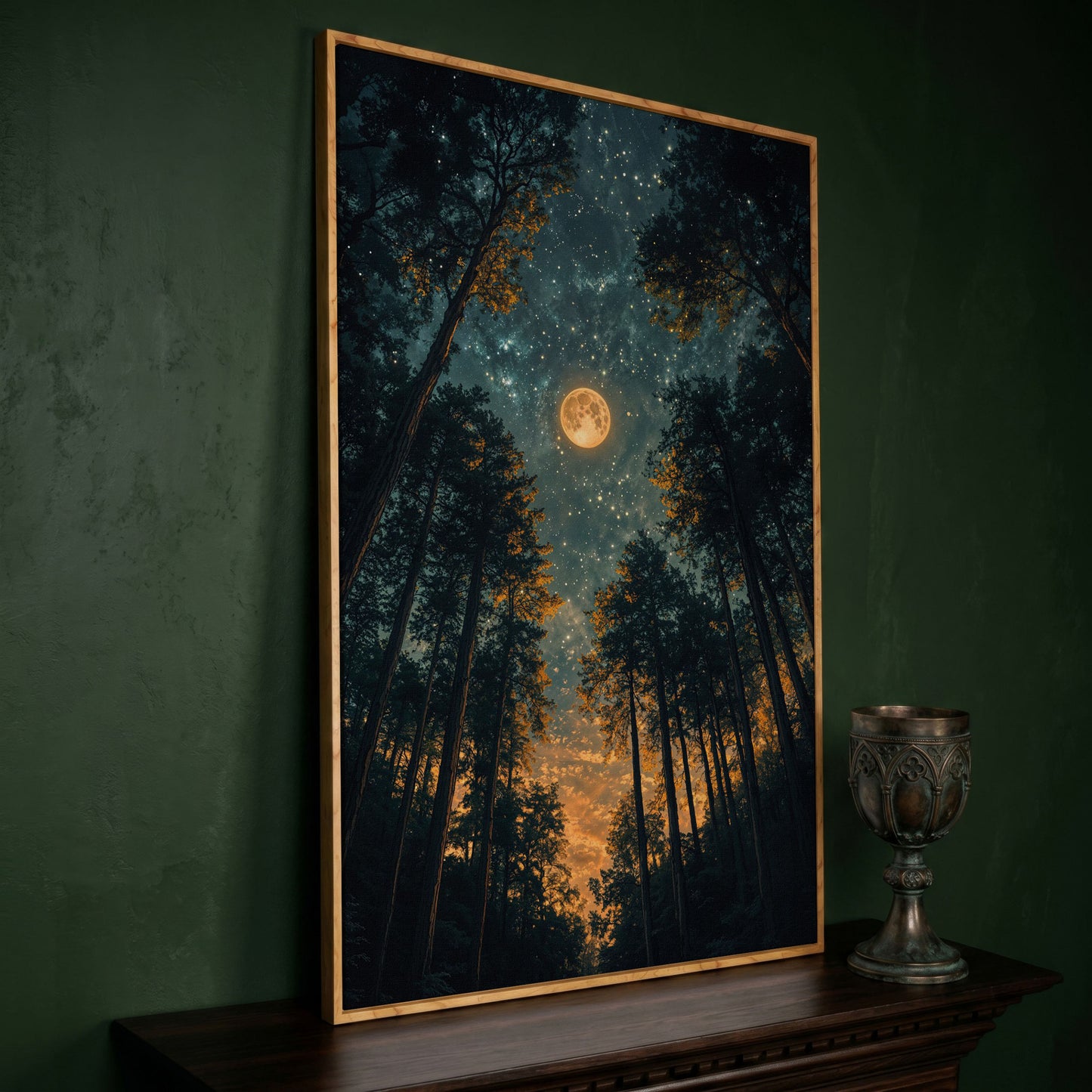 Moonlit Forest at Night: Full Moon and Stars Canvas in white oak floating frame