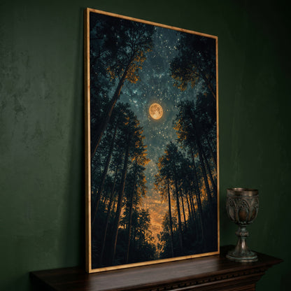 Moonlit Forest at Night: Full Moon and Stars Canvas in white oak floating frame