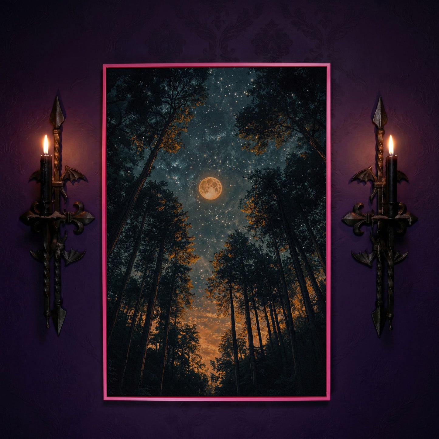 Moonlit Forest at Night: Full Moon and Stars Canvas in pink floating frame