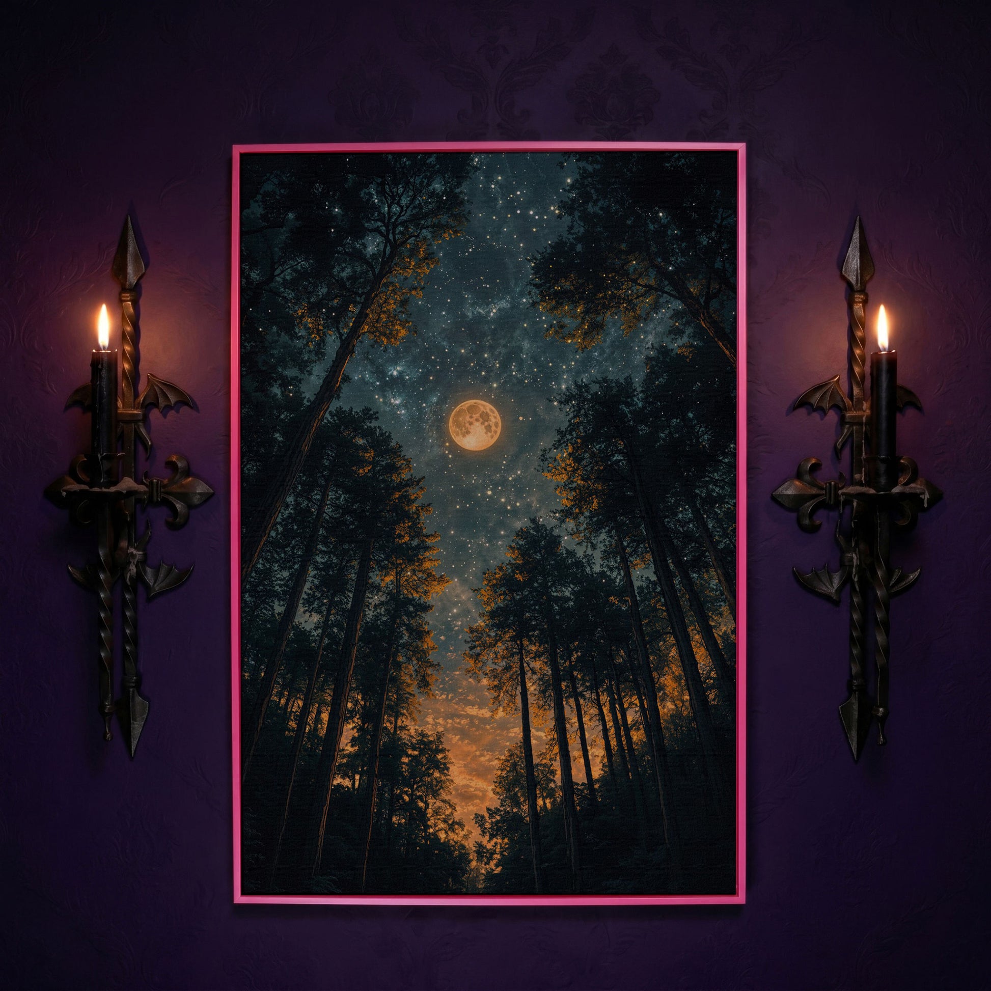 Moonlit Forest at Night: Full Moon and Stars Canvas in pink floating frame