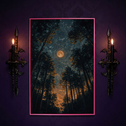 Moonlit Forest at Night: Full Moon and Stars Canvas in pink floating frame