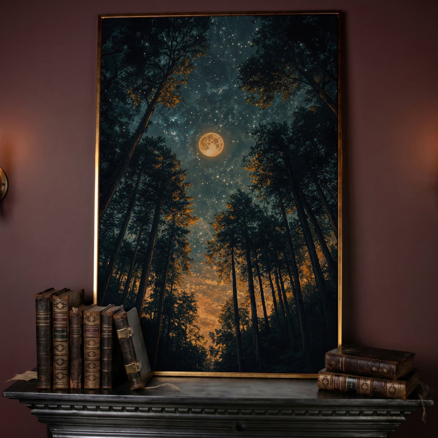 Moonlit Forest at Night: Full Moon and Stars Canvas in rose gold floating frame