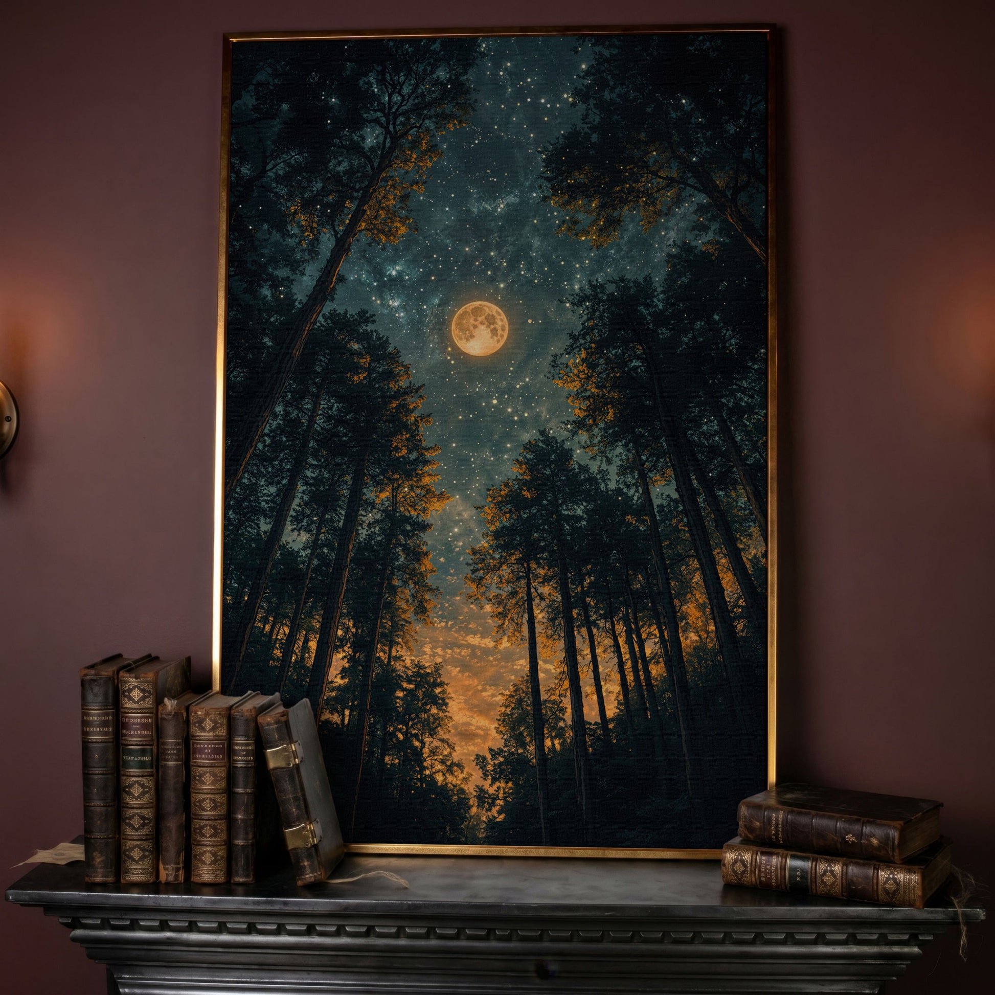 Moonlit Forest at Night: Full Moon and Stars Canvas in rose gold floating frame