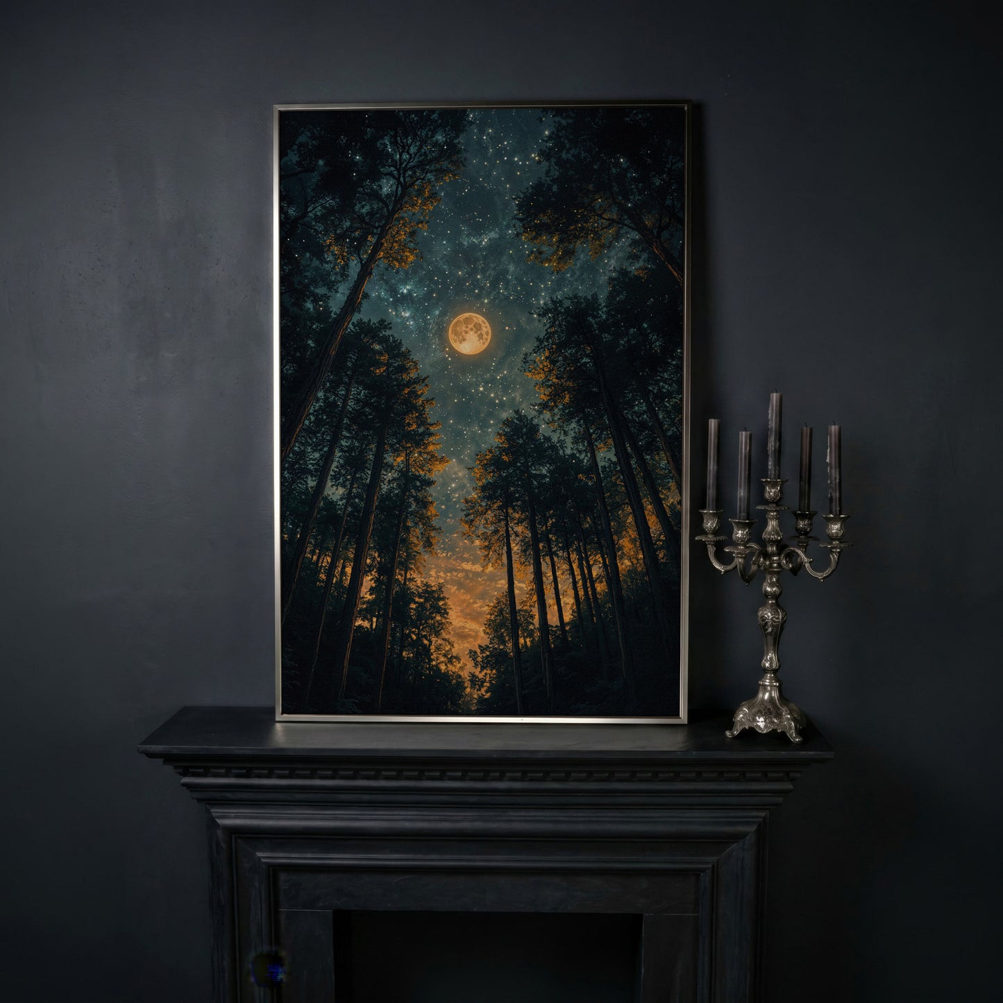 Moonlit Forest at Night: Full Moon and Stars Canvas in silver floating frame