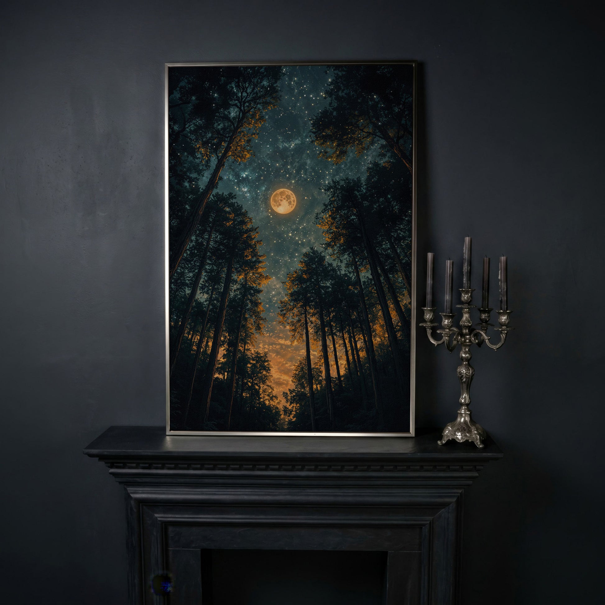 Moonlit Forest at Night: Full Moon and Stars Canvas in silver floating frame