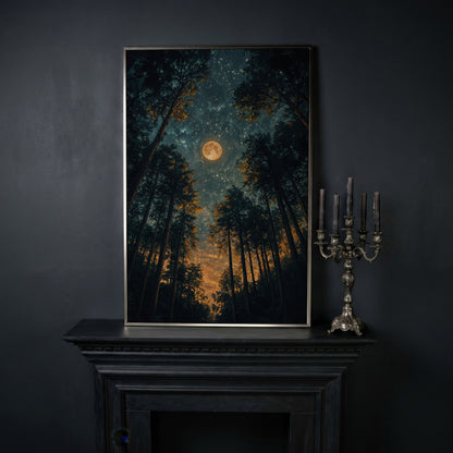 Moonlit Forest at Night: Full Moon and Stars Canvas in silver floating frame