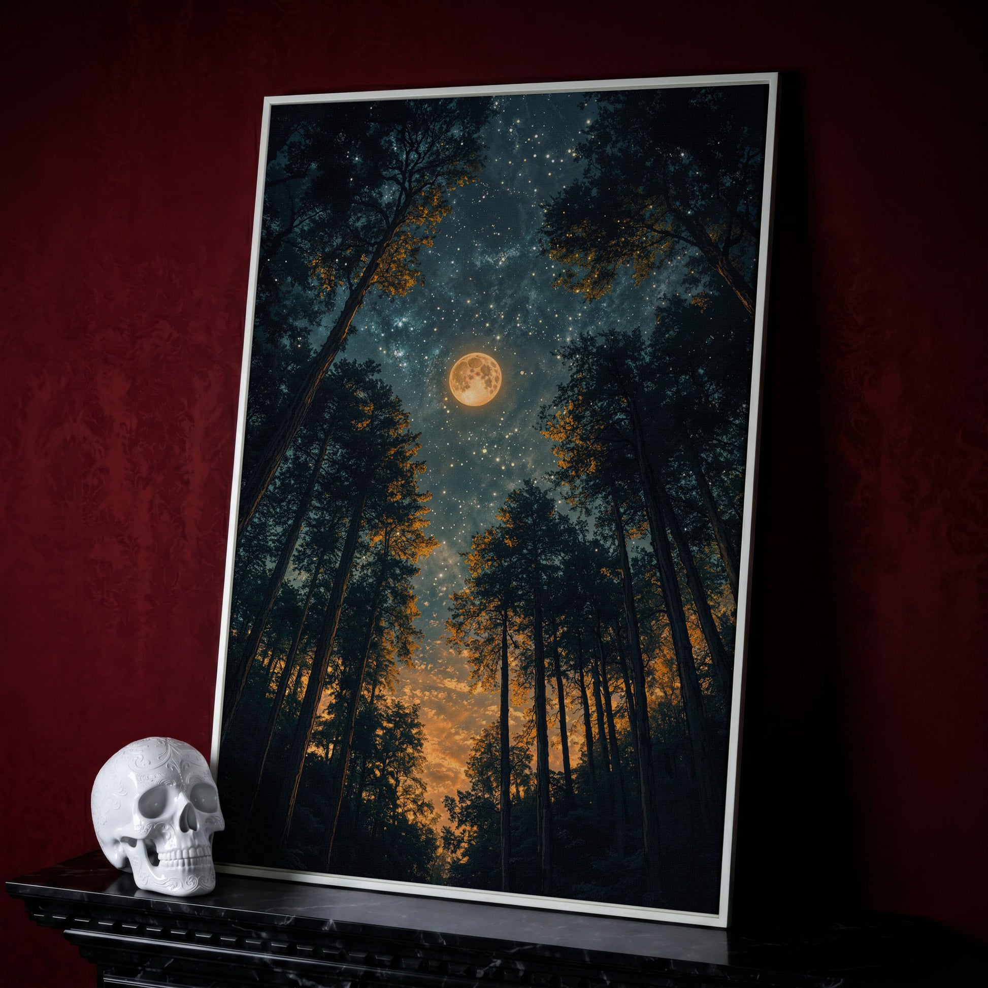 Moonlit Forest at Night: Full Moon and Stars Canvas in white floating frame