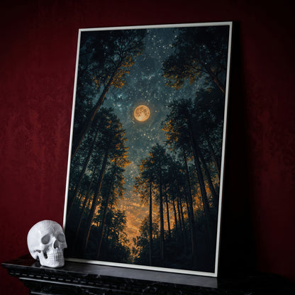 Moonlit Forest at Night: Full Moon and Stars Canvas in white floating frame