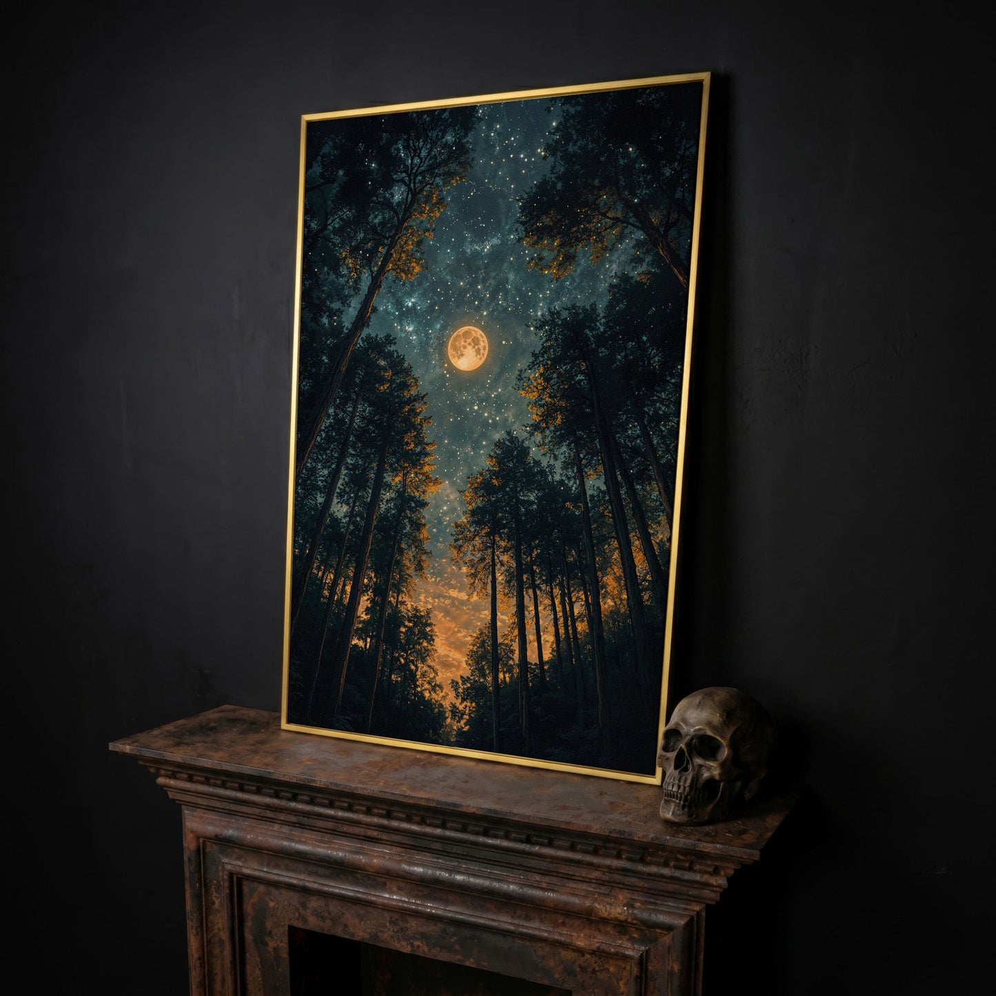 Moonlit Forest at Night: Full Moon and Stars Canvas in yellow gold floating frame