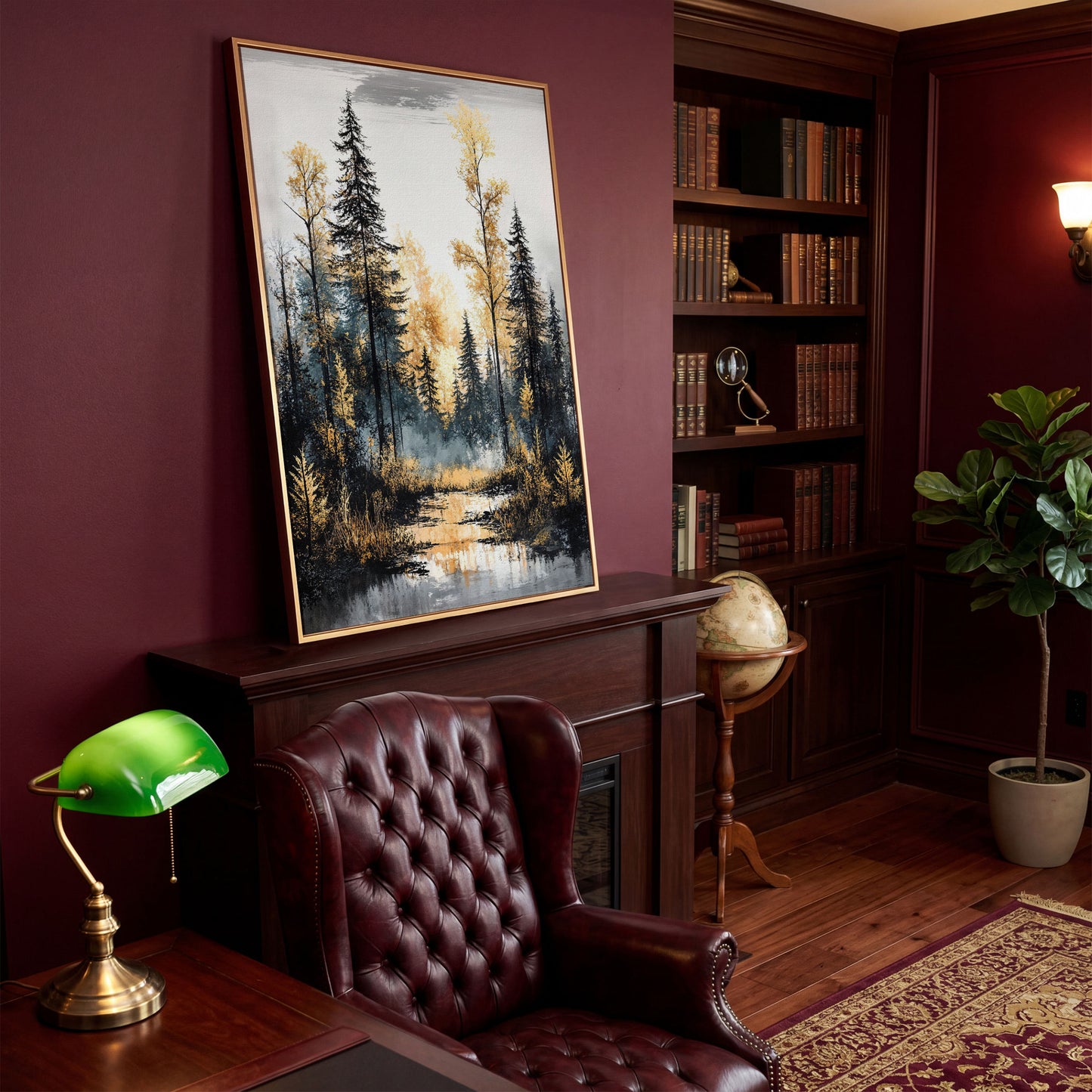 Autumn Forest Stream Canvas Print, Golden Leaves and Pine Reflections in antique gold floating frame