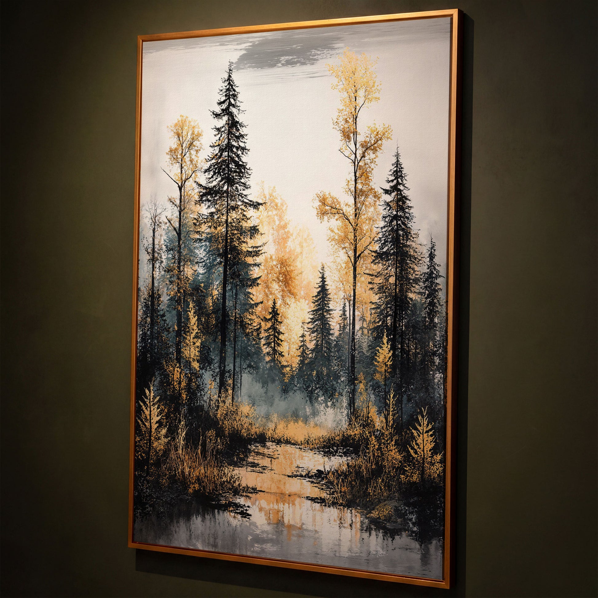 Autumn Forest Stream Canvas Print, Golden Leaves and Pine Reflections shown in antique gold floating frame