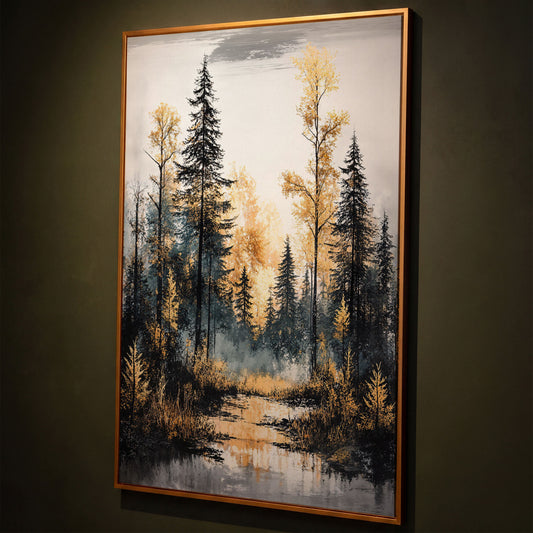 Autumn Forest Stream Canvas Print, Golden Leaves and Pine Reflections shown in antique gold floating frame
