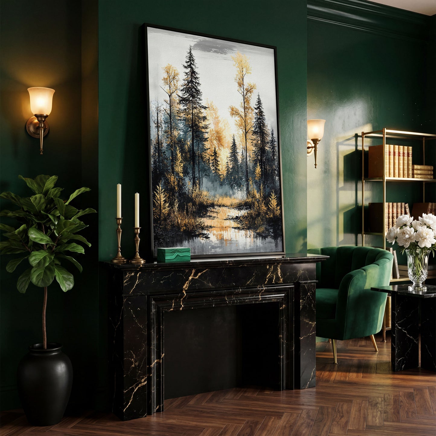 Autumn Forest Stream Canvas Print, Golden Leaves and Pine Reflections in black floating frame