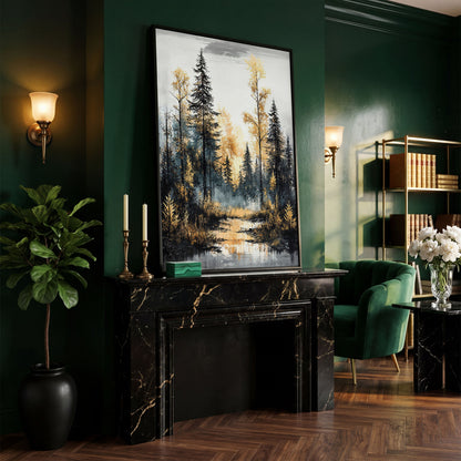 Autumn Forest Stream Canvas Print, Golden Leaves and Pine Reflections in black floating frame