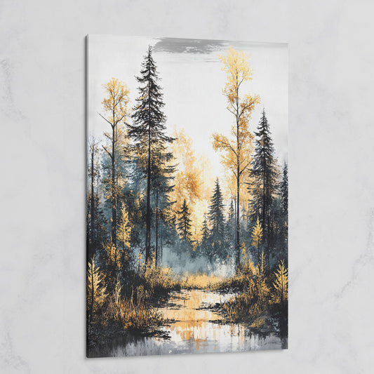 Autumn Forest Stream Canvas Print, Golden Leaves and Pine Reflections on gallery wrap