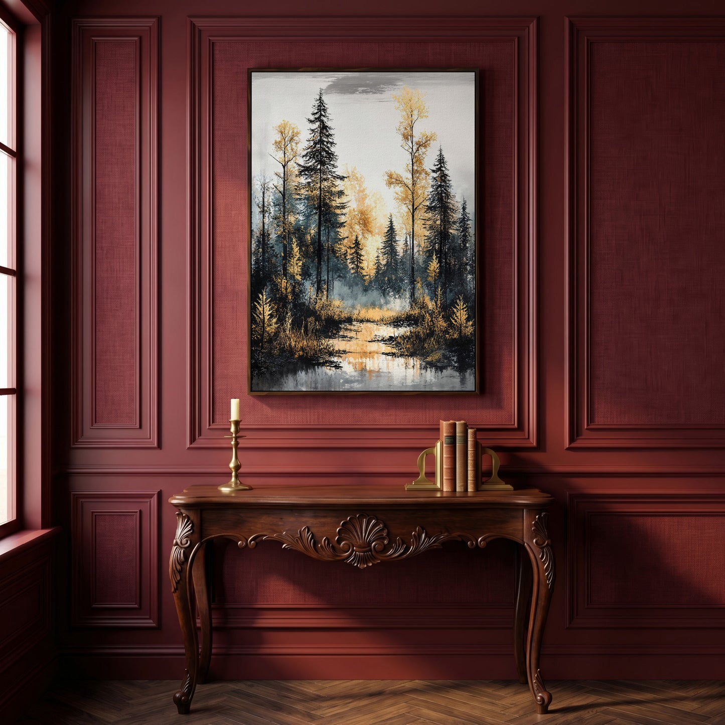 Autumn Forest Stream Canvas Print, Golden Leaves and Pine Reflections in dark walnut floating frame