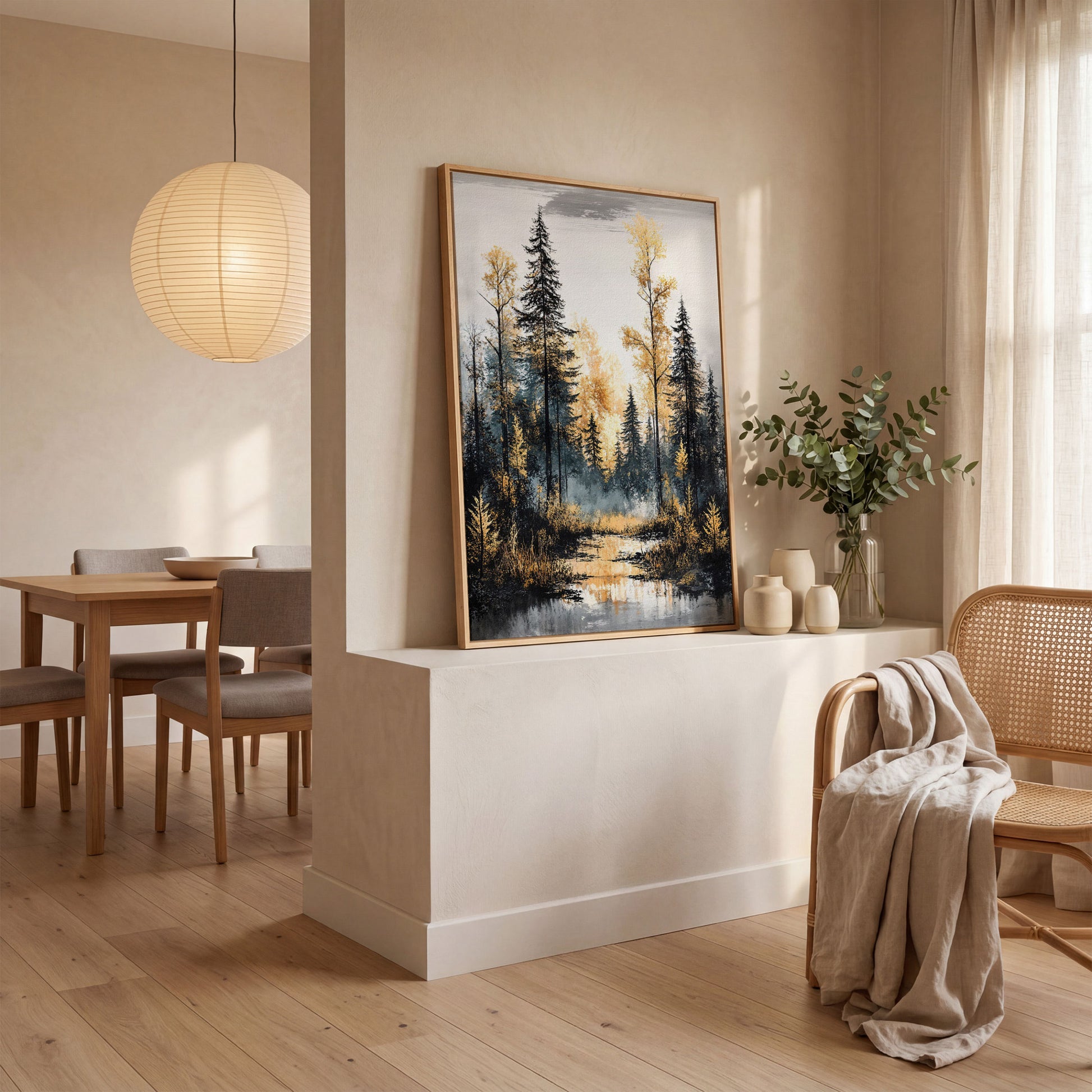 Autumn Forest Stream Canvas Print, Golden Leaves and Pine Reflections in white oak floating frame