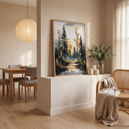 Autumn Forest Stream Canvas Print, Golden Leaves and Pine Reflections in white oak floating frame
