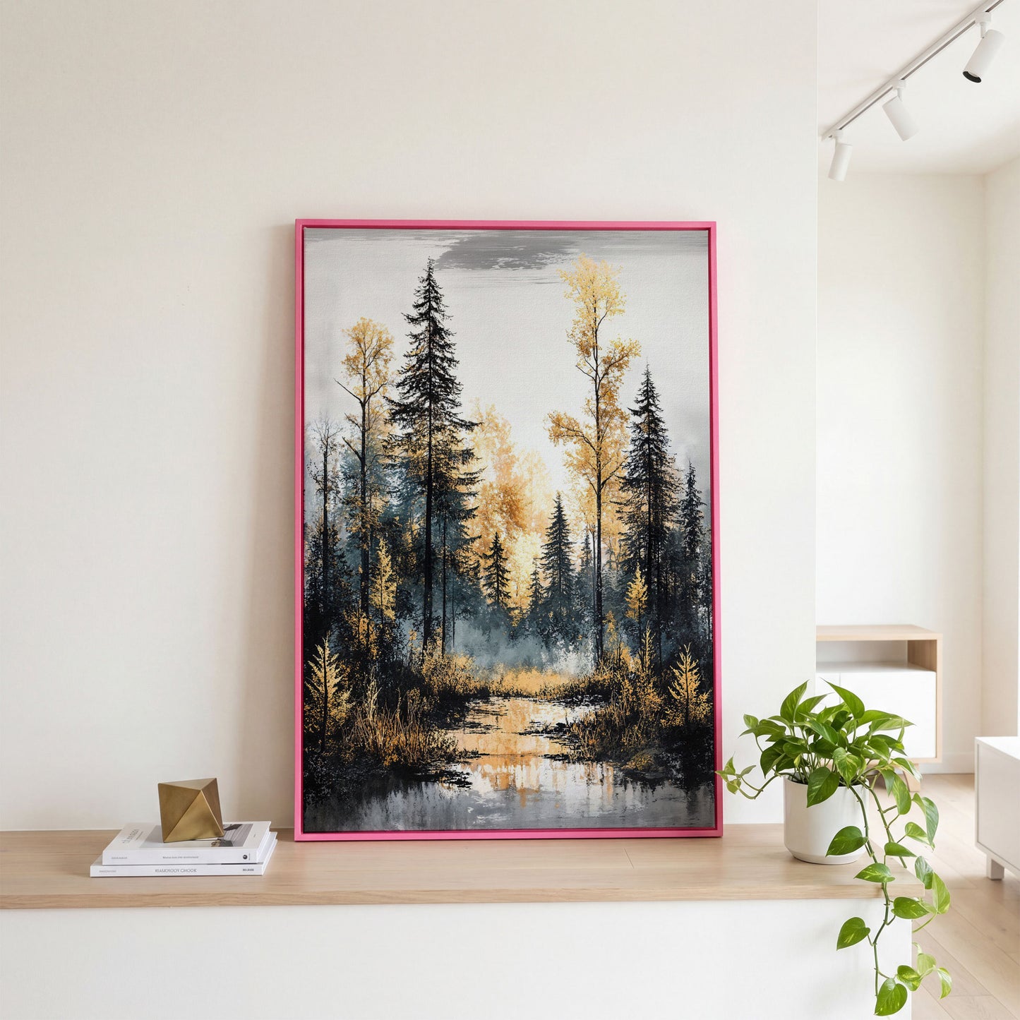Autumn Forest Stream Canvas Print, Golden Leaves and Pine Reflections in pink floating frame