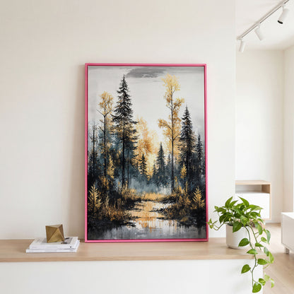 Autumn Forest Stream Canvas Print, Golden Leaves and Pine Reflections in pink floating frame