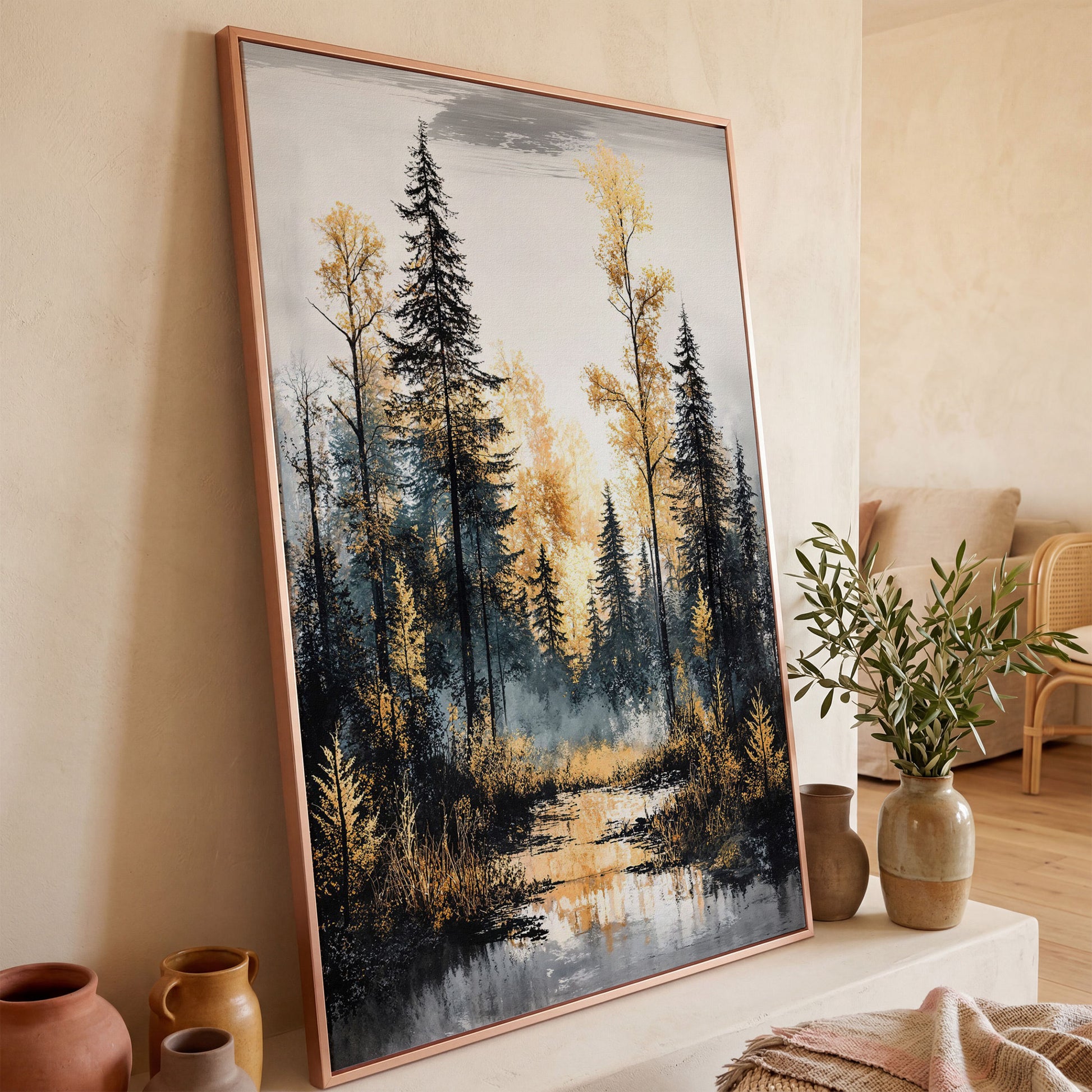 Autumn Forest Stream Canvas Print, Golden Leaves and Pine Reflections in rose gold floating frame