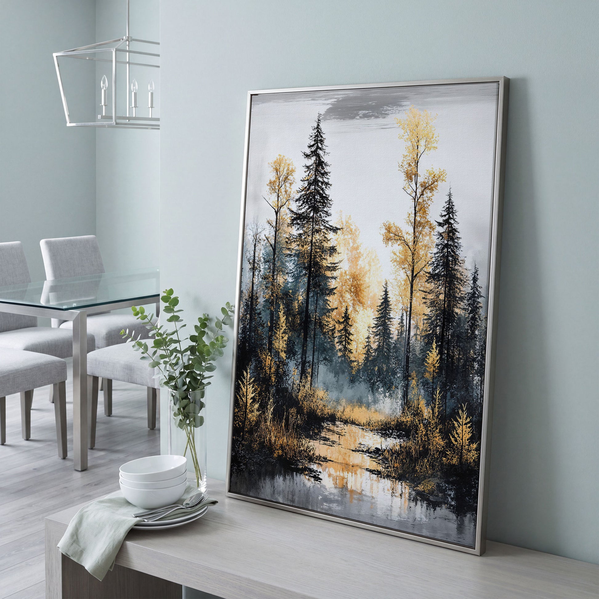 Autumn Forest Stream Canvas Print, Golden Leaves and Pine Reflections in silver floating frame