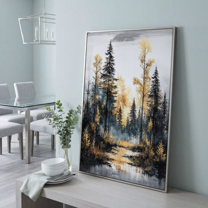Autumn Forest Stream Canvas Print, Golden Leaves and Pine Reflections in silver floating frame