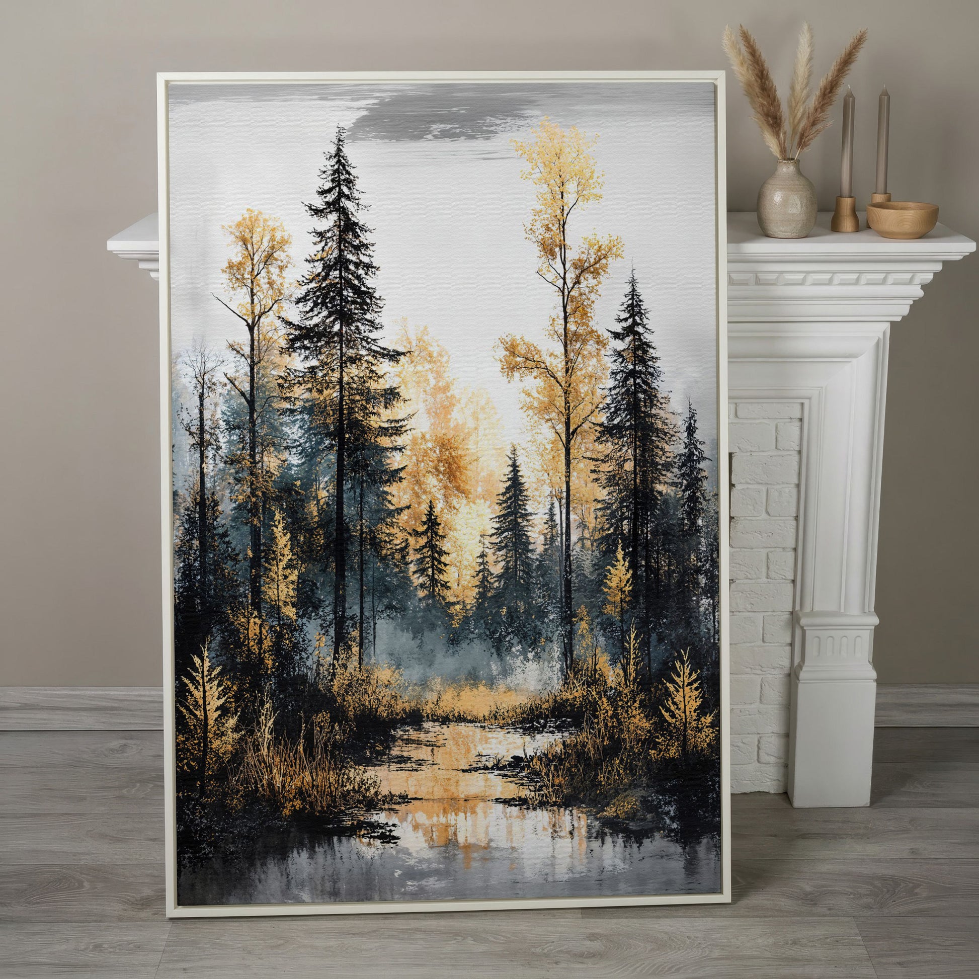 Autumn Forest Stream Canvas Print, Golden Leaves and Pine Reflections in white floating frame