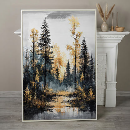 Autumn Forest Stream Canvas Print, Golden Leaves and Pine Reflections in white floating frame
