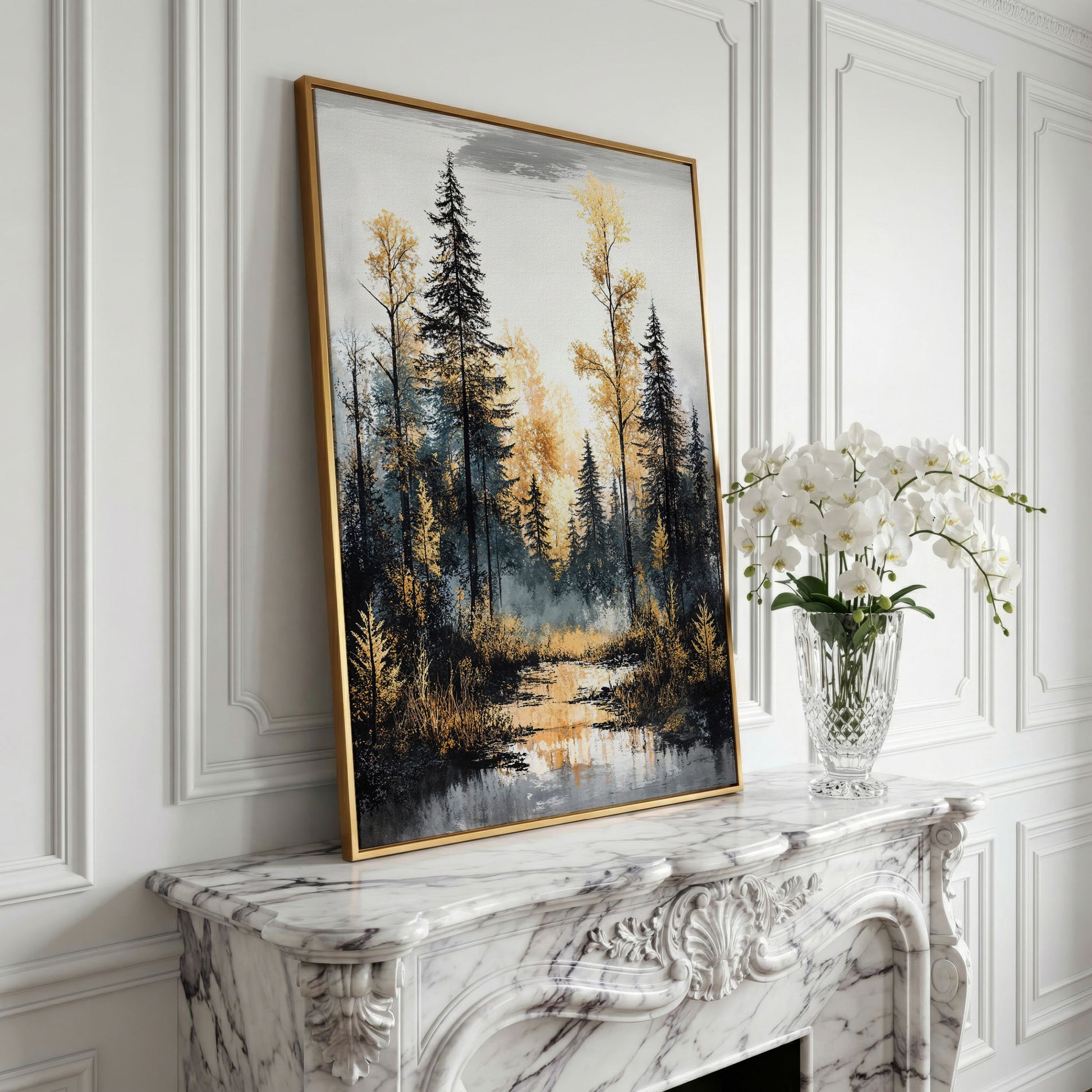 Autumn Forest Stream Canvas Print, Golden Leaves and Pine Reflections in yellow gold floating frame