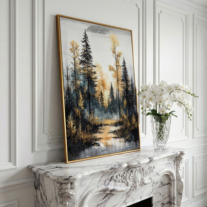 Autumn Forest Stream Canvas Print, Golden Leaves and Pine Reflections in yellow gold floating frame