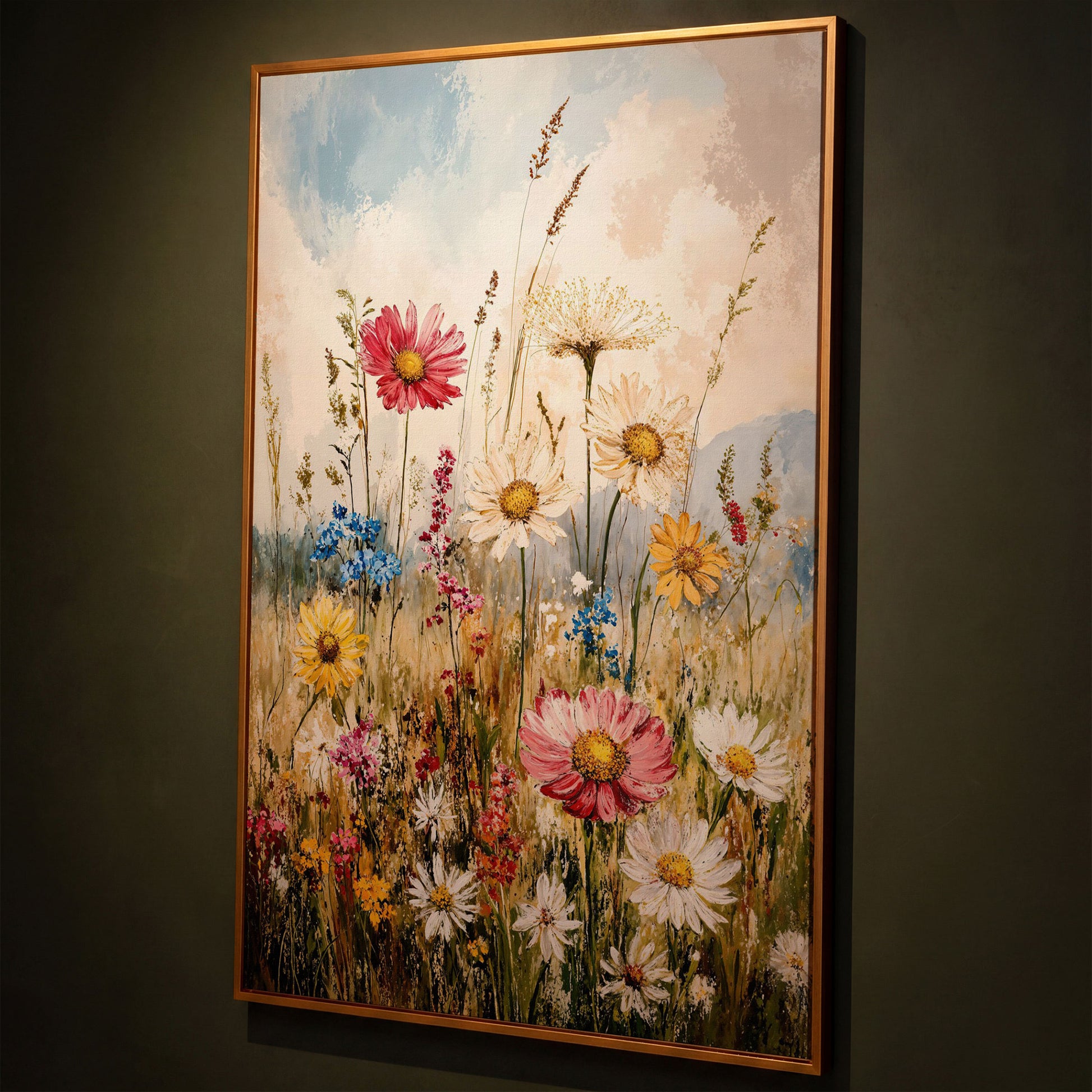 Wildflower Meadow Canvas Wall Art | Daisies in Bloom shown in antique gold floating frame