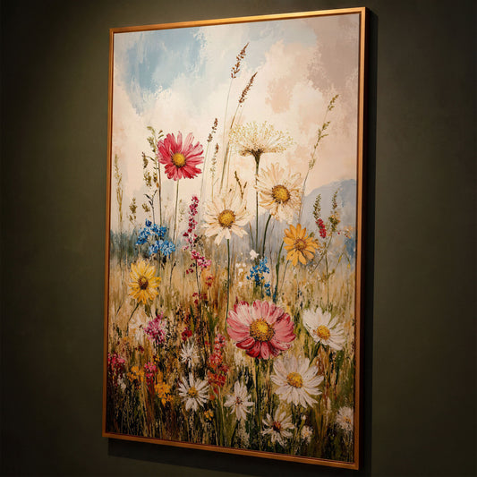 Wildflower Meadow Canvas Wall Art | Daisies in Bloom shown in antique gold floating frame