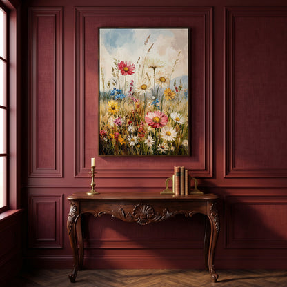 Wildflower Meadow Canvas Wall Art | Daisies in Bloom in dark walnut floating frame