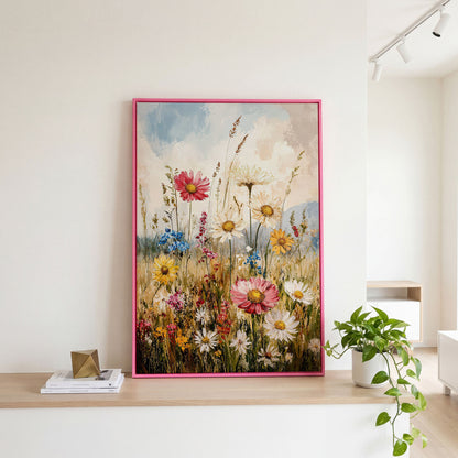 Wildflower Meadow Canvas Wall Art | Daisies in Bloom in pink floating frame