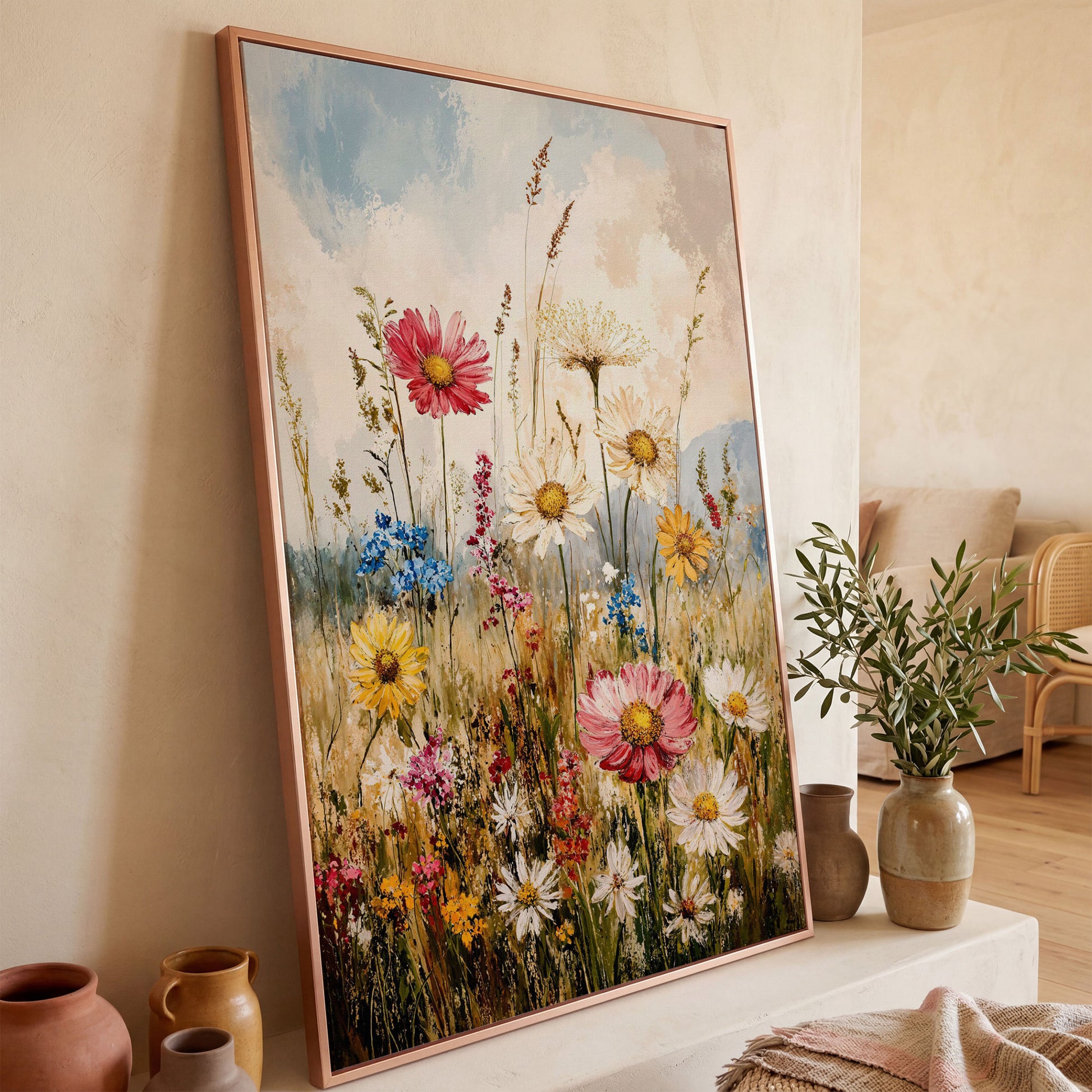 Wildflower Meadow Canvas Wall Art | Daisies in Bloom in rose gold floating frame