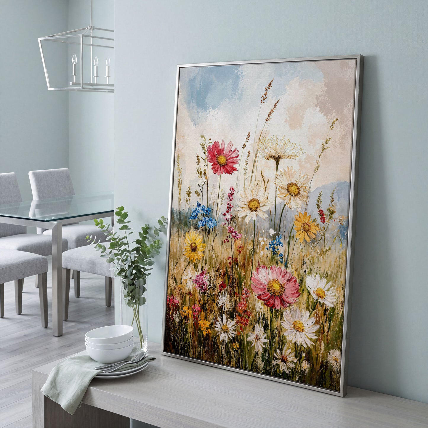 Wildflower Meadow Canvas Wall Art | Daisies in Bloom in silver floating frame