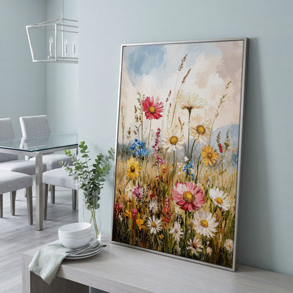 Wildflower Meadow Canvas Wall Art | Daisies in Bloom in silver floating frame