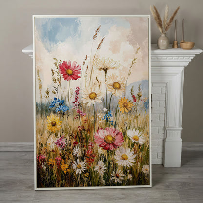 Wildflower Meadow Canvas Wall Art | Daisies in Bloom in white floating frame