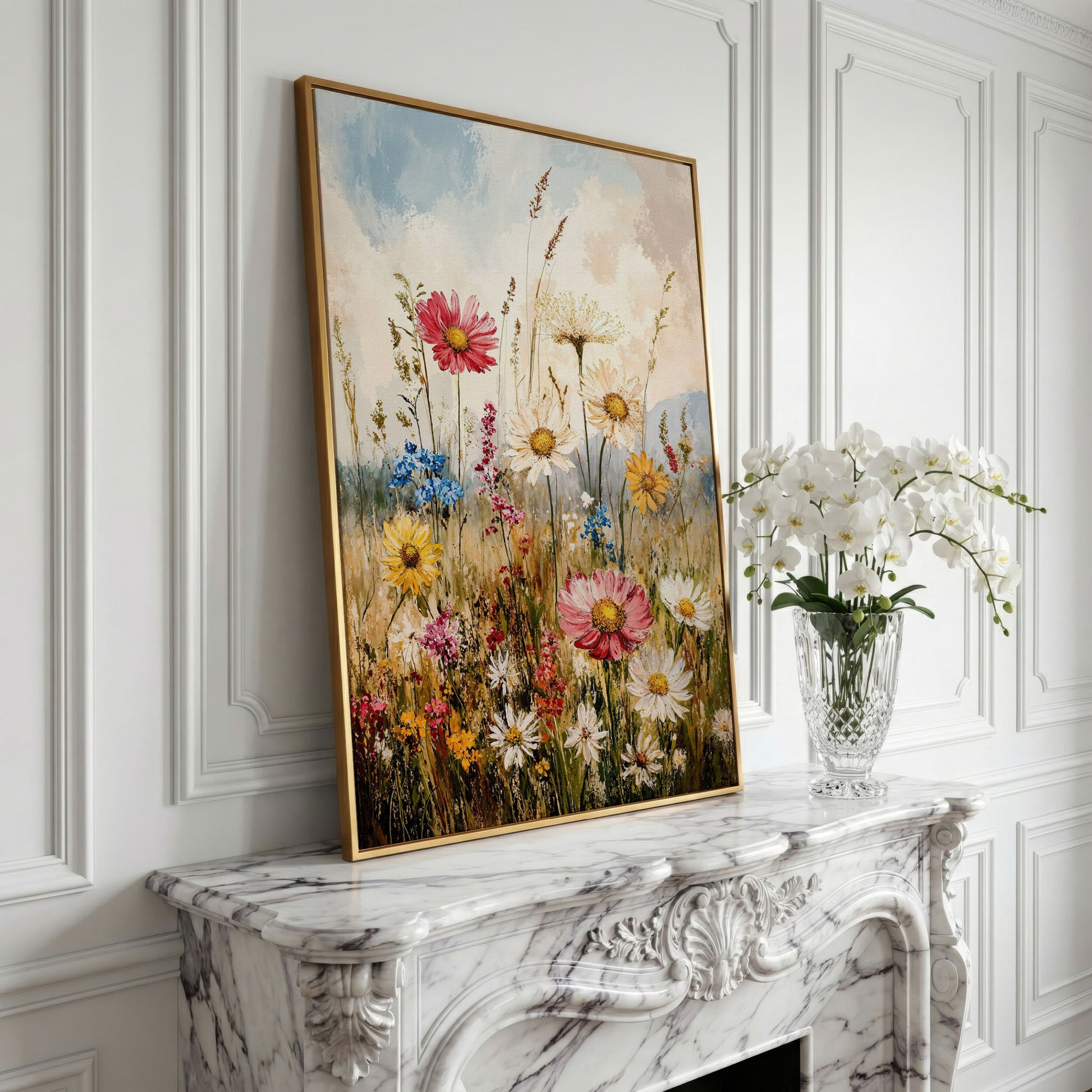 Wildflower Meadow Canvas Wall Art | Daisies in Bloom in yellow gold floating frame