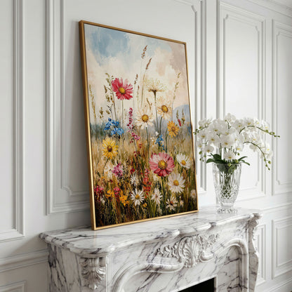 Wildflower Meadow Canvas Wall Art | Daisies in Bloom in yellow gold floating frame