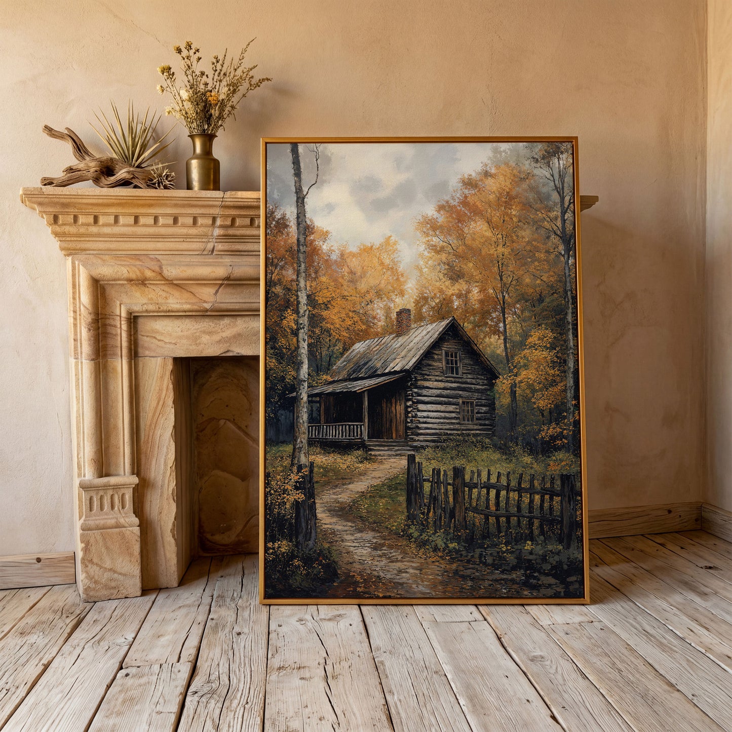 Rustic Cabin in Forest Canvas in antique gold floating frame