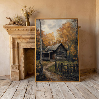 Rustic Cabin in Forest Canvas in antique gold floating frame