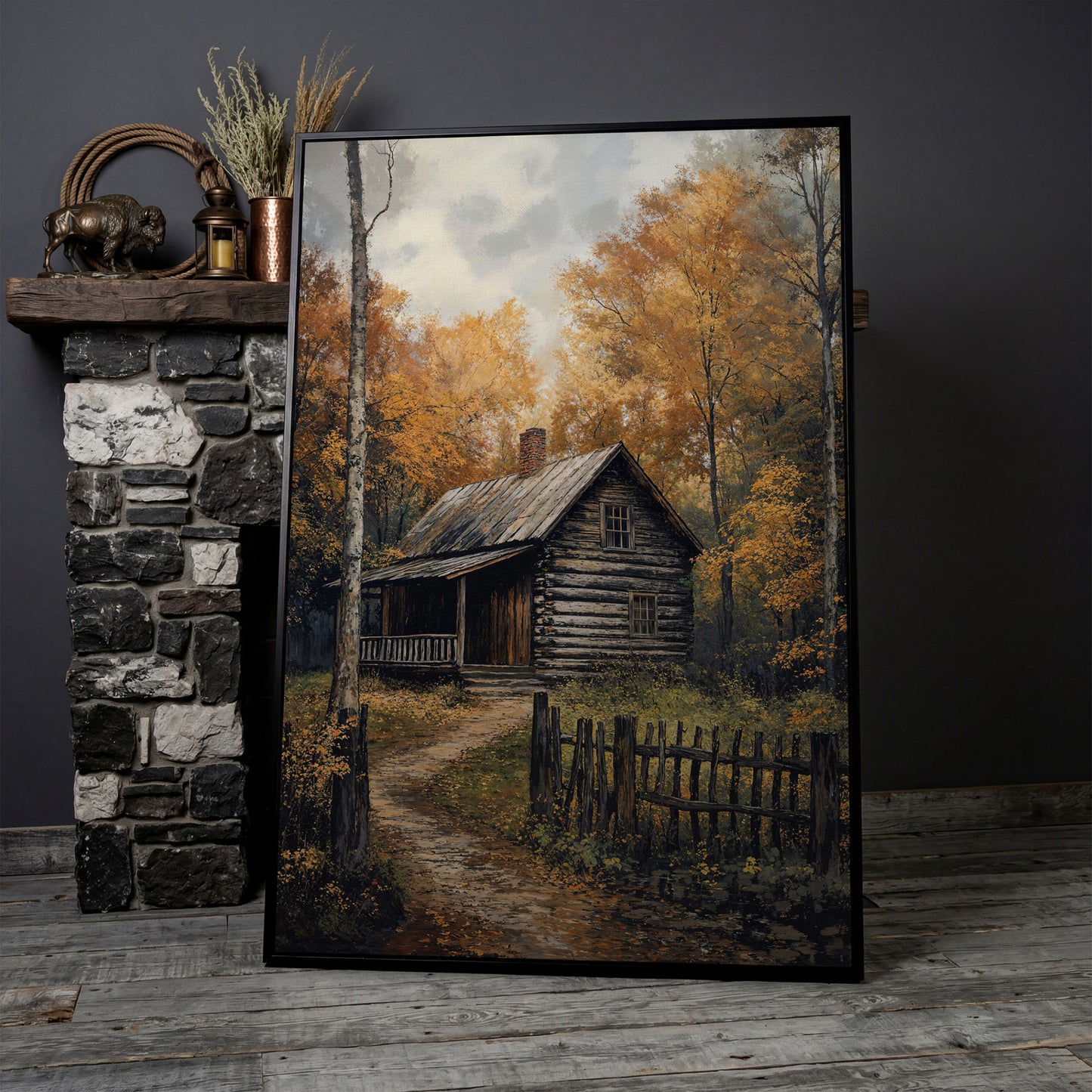 Rustic Cabin in Forest Canvas in black floating frame