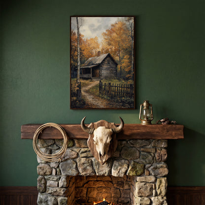 Rustic Cabin in Forest Canvas in dark walnut floating frame